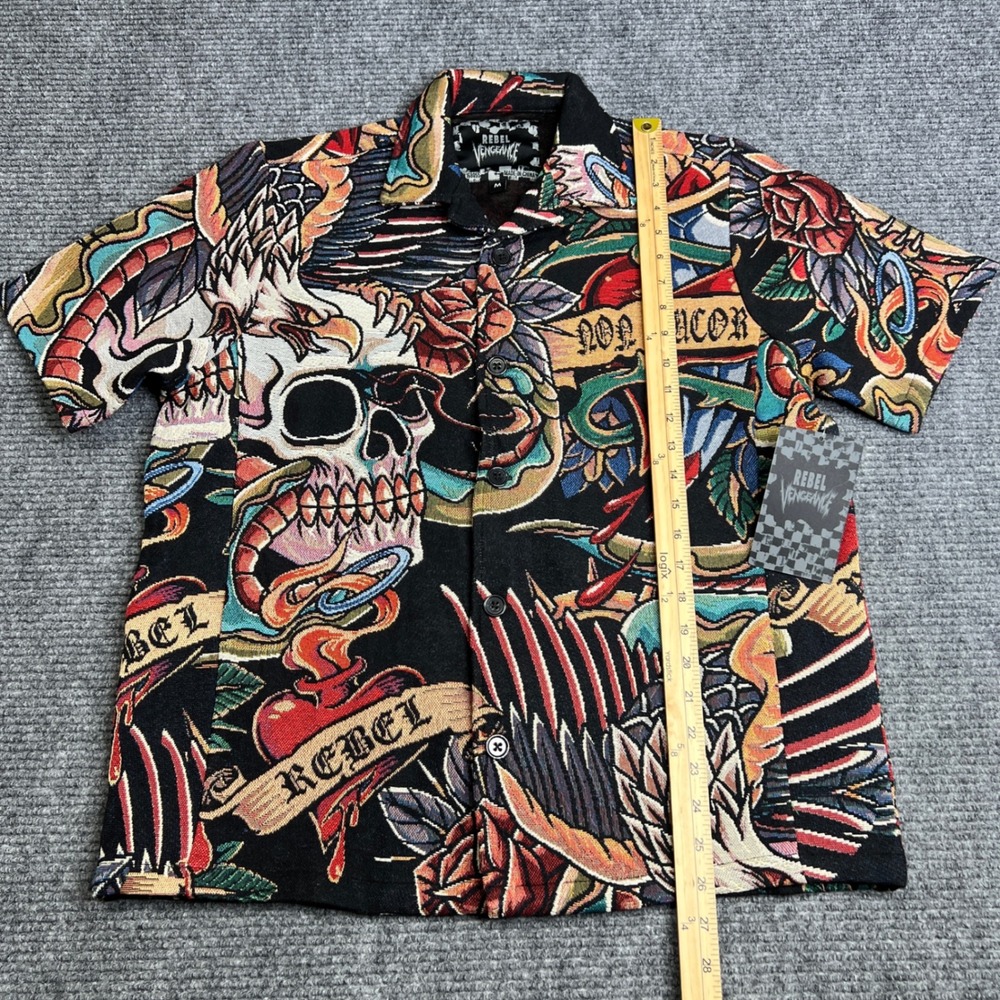 Rebel Vengeance Mens Tapestry Tattoo Print Button Down Shirt Skull Eagle Black M - Picture 7 of 7